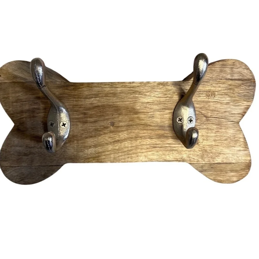 Dog Bone Wood‎ Wall Hook Rack Leash Holder Hat Coat key Silver Double Hooks Rack